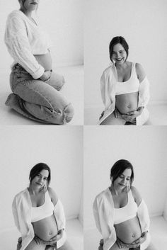 four photos of a pregnant woman sitting on the floor with her hands in her stomach