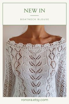 The romantic appeal of this white lace blouse with boat neck designs will make your looks unique. This handmade jumper will add character to your daywear. Boat Neck Designs, Handmade Jumper, Lace Knit Top, Crochet Pullover, Clothes Crochet, White Lace Blouse, Off The Shoulder Blouse, White Long Sleeve Blouse, Designer Blouse Patterns