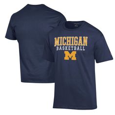 The Champion Navy Michigan Wolverines Basketball Stack T-shirt is the perfect way to show your support for the Michigan Wolverines. Made from soft cotton, this tee features a crew neck and tagless back for added comfort. Bold Michigan Wolverines graphics on the front let everyone know who you're rooting for. Whether you're cheering on the Wolverines at the game or showing support around town, this tee is a must-have for any fan. Cotton T-shirt With Logo Print For Sports Season, Pre-shrunk Cotton T-shirt For College, Tri-blend Crew Neck T-shirt With Team Logo, Team Logo Short Sleeve T-shirt, Tri-blend Short Sleeve T-shirt With Team Logo, Cotton Short Sleeve T-shirt For Sports Season, Pre-shrunk Crew Neck T-shirt For Fan Gear, Cotton Short Sleeve Fan Apparel T-shirt, Collegiate Fan Gear Crew Neck T-shirt