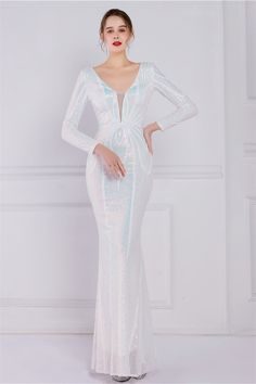 Bellasprom Sequins Mermaid Evening Dress V-Neck Long Sleeves Online Gold-S Full Sleeve Maxi Dress, Fishtail Dress, White Dress Party, Exclusive Dress, Sequin Maxi Dress, Sequin Maxi, Mermaid Evening Dresses, Maxi Dress Evening, White Party