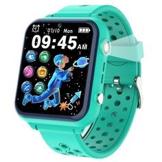 a blue smart watch with an image of a cartoon character on it's screen