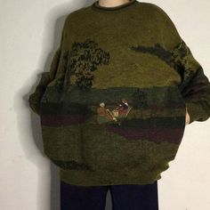 This grandma aesthetic sweater featuring an embroidered scene of two fisherman in a boat. Earthy green tones and detailed stitching give it a rustic, vintage appeal Size:• S: Bust: 114cm/ 44.9 in, Length: 69cm/ 27.2 in, Sleeves: 72cm/ 28.3 in• M: Bust: 118cm/ 46.5 in, Length: 70cm/ 27.6 in, Sleeves: 74cm/ 29.1 in• L: Bust: 122cm/ 48.0 in, Length: 71cm/ 27.9 in, Sleeves: 76cm/ 29.9 inMaterial: Acrylic Vintage Green Knit Tops, Vintage Embroidered Fall Sweater, Vintage Green Knit Sweater, Embroidered Vintage Knit Sweater, Vintage Embroidered Knit Sweater, Vintage Embroidered Crew Neck Sweater, Vintage Green Oversized Sweater, Vintage Embroidered Sweater For Winter, Fawn Print