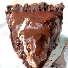 a piece of chocolate cake on a plate with a fork