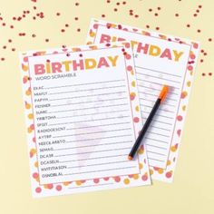 two birthday cards with writing on them next to a pen and confetti sprinkles