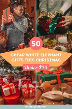 a collage of photos with presents and gifts under $ 20, including a christmas tree