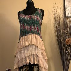 Medium Ruffled Layer Tie Back Tank Nwt Evergreen Berry And Cream Colors Bohemian Sleeveless Top With Ruffle Hem, Sleeveless Bohemian Top With Ruffle Hem, Bohemian Green Tops With Ruffles, Green Bohemian Top For Layering, Lace Tunic Tops, Crochet Tunic, Saved Pins, Lace Tunic, Linen Tunic