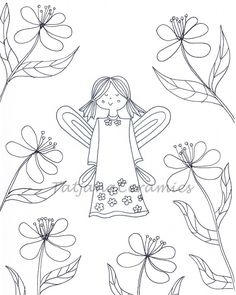 a drawing of an angel surrounded by flowers