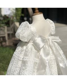 Buy unique lace round neck couture flower girl dress with bubble sleeves at wholesale price online. Free shipping and pro custom service since 2009. Childrens Fancy Dress, Delicate Gown, Baptism Girl, Wedding Rentals, Wedding Boutique, Lace Bows, Flower Girl Dress