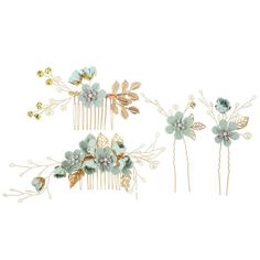 three hair combs with flowers and leaves on top of each headpiece, one is blue