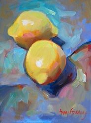 a painting of two lemons and a blue vase