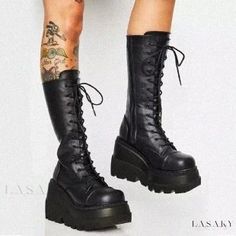 Lasaky - Max Brother Vintage Thick-soled Over-the-Knee Motorcycle Riding Boots with High Shaft and Large Toe Fitted Knee-high Boots With Round Toe For Streetwear, Spring Wide Calf Knee-high Martin Boots, Edgy Wide Calf Mid-calf Boots With Round Toe, Knee-high Combat Boots For Fall, Edgy Knee-high Boots With Round Toe For Winter, Edgy Mid-calf Boots With Wide Calf And Round Toe, Spring Platform Knee-high Boots With Round Toe, Punk Style Knee-high Boots With Round Toe For Winter, Punk Style Fitted Knee-high Boots With Round Toe