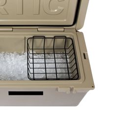 a cooler filled with ice sitting on top of a table