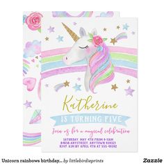 a unicorn birthday party card with stars and rainbows on the front, pink roses in the back