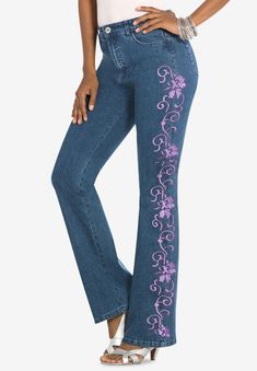 Your favorite bootcut jeans, detailed with pretty, scrolling embroidery down the sides. Made in the five-pocket style and so easy to wear anywhere and Swimsuits For All, Current Fashion Trends, Embroidered Jeans, Plus Size Jeans, Bootcut Jeans, Size Clothing, Plus Size Outfits, Blue Jeans, Swirl