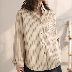 Details: Gender: Women Item Type: Blouse Material: Cotton Pattern Type: Stripe Season: Spring, Autumn Style: Leisure, Daily, Retro Occasion: Going Out, Daily Size: One Size Length: 64.00 cm/ 25.20 " Bust: 122.00 cm/ 48.03 " Shoulder: 44.00 cm/ 17.32 " Sleeve: 57.00 cm/ 22.44 " Casual Beige Office Top, Casual Beige Blouse For Office, Casual Beige Office Blouse, Beige Long Sleeve Cotton Blouse, Casual Beige Office Shirt, Beige Cotton Office Tops, Beige Cotton Shirt For Office, Beige Cotton Blouse For Work, Casual Brown Blouse For Office