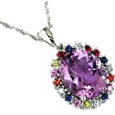 Royal 14K White Gold Amethyst & Multi-Color Sapphire Pendant - 4.50 Carat Amethyst, 0.40 Carat Multi-Color Sapphires Formal Multicolor Diamond Gemstones, Elegant Multicolor Brilliant Cut Gemstones, Elegant Multicolor Gemstones For Formal Occasions, Formal Multicolor Fine Jewelry Gemstones, Luxury Multicolor Amethyst Gemstones, Formal Purple Brilliant Cut Gemstones, Oval Multi-stone Gemstones For Formal Occasions, Luxury Purple Oval Gemstones, Elegant Purple Multi-stone Gemstones