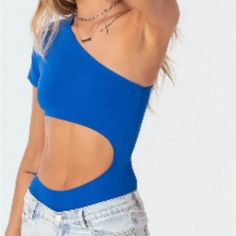 Flaunt Yourself In The Ultra Flattering Bodysuit! Snap Closure At Crotch One Shoulder Style Cut Out Mid Section Bodycon Fit Stretchy One Shoulder Fitted Cutout Bodysuit, Fitted One-shoulder Cutout Bodysuit, Blue Stretch Asymmetrical Top, Blue Asymmetrical Stretch Top, Blue Asymmetrical Top For Party, Blue Asymmetrical Top For Summer, Asymmetrical Blue Top For Party, Blue Fitted One-shoulder Top, Chic Blue Bodysuit For Spring