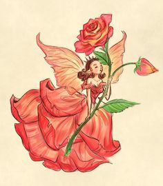 a drawing of a fairy sitting on top of a flower with wings and holding a rose