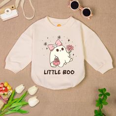 Little Boo Baby Romper Sweatshirt, Cute Ghost Halloween Romper, Spooky Baby Bubble Romper, Halloween Baby Girl Clothes - Handmade - Ships from USA - Materials: 100% CPSIA Compliant and Ethically Made material Light fabric (5.0 oz/yd² (170 g/m Crafted with soft, breathable fabric, this romper ensures your baby stays comfortable through playtimes and nap times alike. Featuring charming designs suitable for all babies, our romper is as adorable as it is practical. Quick Sizing Tip Our rompers are a Long Sleeve Pink Onesie With Cartoon Print, Pink Long Sleeve Onesie With Cartoon Print, Cute Long Sleeve Onesie, Long Sleeve Cotton Onesie For Halloween, Cute Long Sleeve Onesie For Fall, Pink Long Sleeve Onesie For Fall, Long Sleeve Cotton Onesie With Character Print, Cotton Long Sleeve Onesie With Character Print, Fall Long Sleeve Onesie With Letter Print