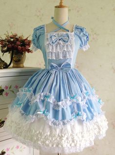 Light Blue Bowknot Lace Sweet Lolita Short Sleeves Dress Jumper Skirt, Sweet Lolita, Lace Ruffle, Lolita Dress, Gothic Lolita, Lolita Fashion, Kawaii Fashion, Vintage Lace, Soft Colors