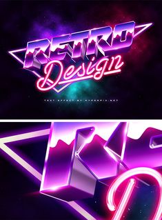 two photoshopped text effects with neon colors and shapes in the bottom right corner