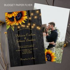 a wedding card with sunflowers and string lights