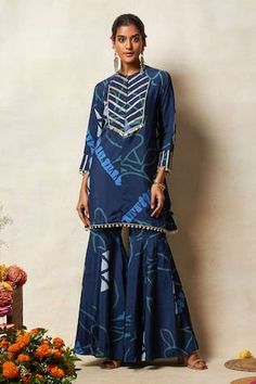 Blue kurta with abstract bandhani print and zari embroidery on the yoke and sleeves. Paired with a printed sharara. - Aza Fashions Kurta And Sharara Set, Printed Sharara, Kurta And Sharara, Bandhani Print, Blue Kurta, Zari Embroidery, Women Kurta, Straight Kurta, Sharara Set