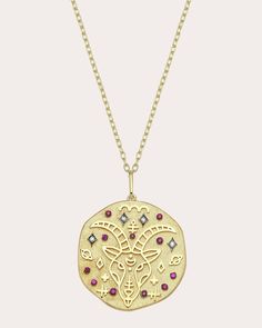 An ode to astrology, this 14-karat rose gold necklace decorates its circular pendant with embossed Capricorn motifs. Round-cut diamond and ruby embellishments create ambient shimmer. From Charms Company's Zodiac Collection. Lobster claw clasp 14k rose gold, ruby and diamond Carat: 0.03 ctw diamond, 0.2 ctw ruby Diamond color: H Diamond clarity: VS2 Diamond cut: round Polish with soft cloth Made in Turkey Measurements Chain length: 21.65in Pendant diameter: 0.98in Capricorn Necklace, Zodiac Pendant Necklace, Zodiac Collection, Capricorn Zodiac, Vs2 Diamond, Zodiac Pendant, Zodiac Capricorn, Diamond Carat, Ruby Diamond