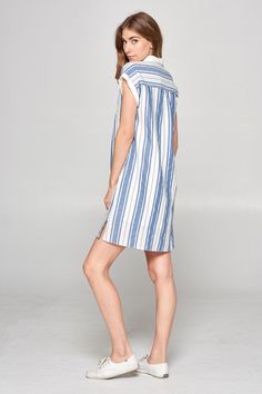 Such an easy throw on and go stripe woven shirt dress with pockets. So cute with your favorite sandals or sneakers. Easy to wear to dress that helps you look cute while staying cool. Side pockets Stripe woven shirt dress Button down closure Short sleeve Imported 100% Cotton Model is wearing size small, is 5'9" Runs true to size but if in between, recommend to size up Striped Relaxed Fit Dress For Vacation, Chic Summer Shirt Dress With Rolled Sleeves, Chic Relaxed Fit Striped Dresses, Casual Striped Knee-length Dress, Casual Knee-length Shirt Dress, Striped Shirt Dress For Summer Day Out, Spring Shirt Dress With Rolled Sleeves For Day Out, Chic Striped Shirt Dress For Vacation, Casual Short Sleeve Shirt Dress For Summer