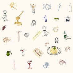 an assortment of food and drink items on a white background