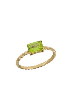 An emerald-cut stone of your choice adds vibrant sparkle to this statement-making ring handcrafted from 14-karat gold. 14k gold/amethyst, peridot or blue topaz Made in Spain Classic Green Emerald-cut Stackable Rings, Classic Green Emerald Cut Stackable Rings, Yellow Gold Rings With Rectangular Accent Stones, Fine Jewelry Green Emerald-cut Stackable Rings, Fine Jewelry Green Emerald Cut Stackable Rings, 14k Gold Emerald-cut Stackable Rings For May Birthstone, 14k Gold Stackable Emerald-cut Rings For May Birthstone, Emerald Cut Green Stackable Rings Fine Jewelry, 14k Gold Emerald-cut Birthstone Ring With Diamond Cut