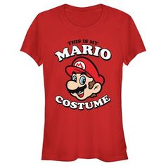 a women's red mario costume t - shirt that says, this is my mario costume