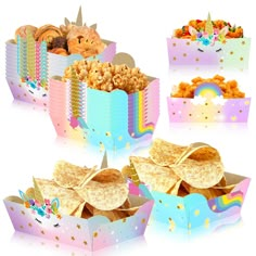 an assortment of colorful boxes filled with tacos and cookies, including one for unicorns