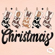 three christmas stockings hanging from the word howdy on a pink background with stars and snowflakes