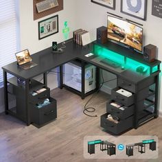 a computer desk with two drawers and a green light under the keyboard is shown in this image