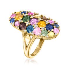 Ross-Simons - 5.75ct t. w. Multicolored Sapphire Ring, .20ct t. w. Diamonds. Size 8. Like colorful confetti from the most elegant soiree, this vibrant gemstone ring will give you a reason to celebrate! 5.75 ct. t. w. multicolored sapphires put on a show alongside .20 ct. t. w. round brilliant-cut diamonds in polished 14kt yellow gold. 1" wide. Diamond and multicolored sapphire ring. Colorful Confetti, Round Brilliant Cut Diamond, Gemstone Ring, Round Brilliant, Sapphire Ring, Confetti, Gemstone Rings, Sapphire, Size 7