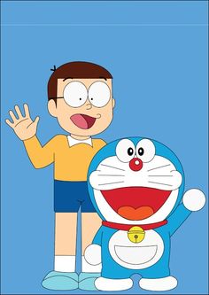 a man standing next to a cartoon character in front of a blue background with the caption's name on it