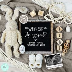 a baby's birth announcement surrounded by toys and other items on a blanket with the words, the best things in life are un - eggplied