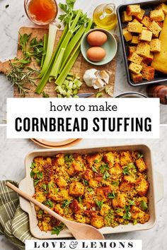 cornbread stuffing in a casserole dish with vegetables and eggs on the side