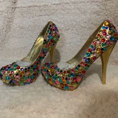 These Are A Show Stopping Pair Of Heels That Are Brand New! You Will For Sure Be The Center Of Attention In These Babies They Are Sewed On And Not Glued! Which Is Awesome! Heel: 4.5 Inches Embellished Closed Toe Heels For Party Season, Embellished Heels With Round Toe For Party Season, Multicolor Crystal Embellished High Heels, Multicolor High Heel Wedding Shoes, Multicolor Rhinestones Heels For Evening, Multicolor High Heels For Wedding, Multicolor Embellished Heels For Formal Occasions, Gold Heels With Bling And Round Toe, Beaded Heels For Party