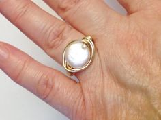 Handmade Gold Oval Pearl Ring, Handmade Gold Pearl Ring, Gold Wire Wrapped Pearl Ring Gift, Wire Wrapped Pearl Wedding Ring, White Wire Wrapped Rings For Anniversary, Anniversary White Wire Wrapped Rings, Pearl Ring Gold, White Pearl Ring, Gold Pearl Ring