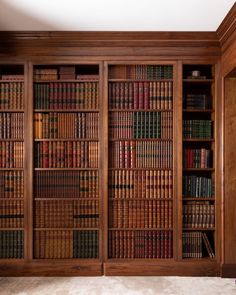 an empty room with bookshelves full of books and carpeted flooring in front of it