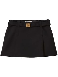 black wool grain de poudre logo-buckle fastening belt loops concealed side hook and zip fastening straight hem Mini Skirt Formal Outfit, Miu Miu Clothes, Miumiu Skirt, Miu Miu 90s, Miu Miu Skirt, Miu Miu Dress, Basic Skirt, Yoko London, City Dress