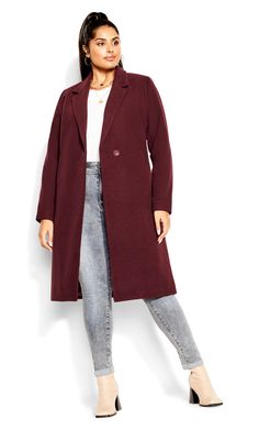 Embrace your look in the oxblood Effortless Chic Coat. With a classic shirt collar neckline, single button front closure, and full-length sleeves with button detail, this coat is both chic and practical. The wool blend fabrication is non-stretch and fully lined for added warmth and comfort, while the side functional pockets are perfect for storing your essentials. Key Features Include: - Classic shirt collar neckline - Single center front button opening - Full length sleeves with button detail - Plus Size Coats For Women, Size 22 Women, Curvy Casual Outfits, Plus Size Coat, Formal Coat, Burgundy Outfit, Chic Coat, Red Midi, Plus Size Winter