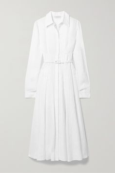 Gabriela Hearst's 'Dewi' shirt dress looks chic with little styling needed - just slip on strappy sandals and one of the label's bags before heading to the office or brunch. Made from breathable linen, it has a smart collar and raised seams that trace the skirt. The slim, coordinating belt further defines the nipped-in waist. Elegant White Shirt Dress, Designer Spring Midi Dress For Work, Timeless Fitted Daywear Dresses, Timeless Fitted Dress For Daywear, Timeless White Spring Dresses, Timeless Spring Midi Dress, White Formal Shirt Dress For Summer, Elegant White Shirt Dress For Daywear, White Elegant Shirt Dress For Work