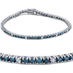 two rows of blue and white diamond tennis bracelets in sterling steel with diamonds on each side