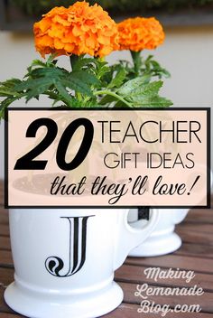 two coffee cups with flowers in them and the words teacher gift ideas that they'll love