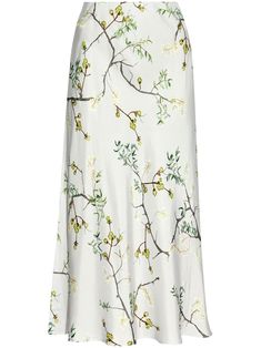 White Silk Skirt For Summer, White Printed Skirt For Spring, Elegant Floral Print Skirt For Daywear, White Floral Print Skirt For Brunch, Silk Floral Print Midi Skirt, White Relaxed Silk Skirt, White Silk Skirt With Relaxed Fit, White Relaxed Fit Silk Skirt, White Relaxed-fit Silk Skirt