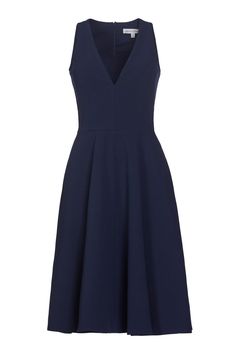 The Catalina is a crepe cocktail dress with a fit and flare silhouette and a v-neckline that flatters all body shapes. The bodice is fitted and tapers in to hug the waist, and the knee-length skirt is playful but polished. This Midnight Blue sleeveless dress has modest straps wide enough to cover the shoulders and two side pockets. Midnight Blue Dress, Below The Knee Dresses, Girls Dress Outfits, Blue Sleeveless Dress, White Sleeveless Dress, School Dresses, Dress The Population, Knee Length Skirt, Fit And Flare Dress