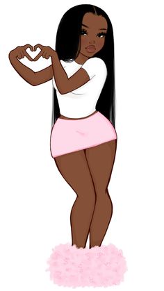 a woman with long black hair wearing pink shorts and white shirt is standing in the shape of a heart